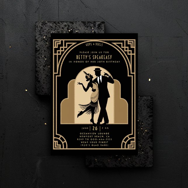Gatsby Speakeasy Flapper Roaring 20er Deko Birthda Einladung (gatsby party invitation speakeasy roaring 1920s twenties nouveau deco flapper dance gold elegant)