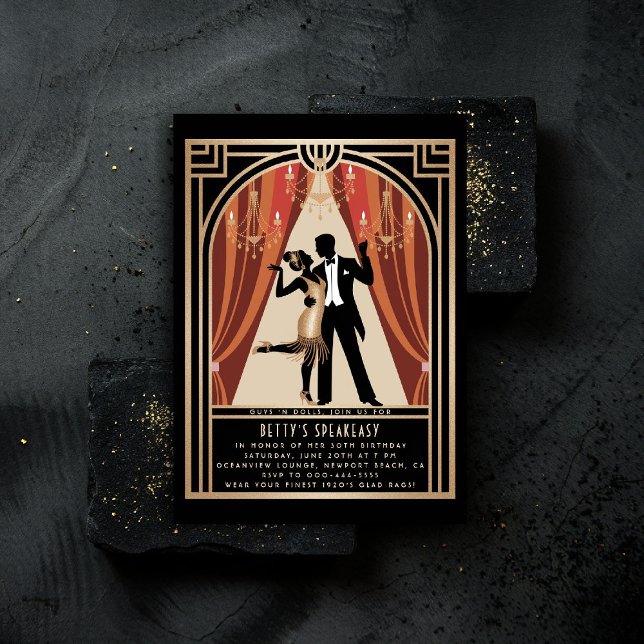 Gatsby Speakeasy Roaring 20er Deko Dance Birthday Einladung (gatsby party invitation speakeasy roaring 1920s twenties nouveau deco flapper dance gold black chic)