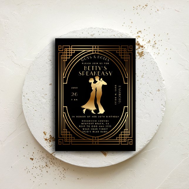 Gatsby Speakeasy Roaring 20s Gold Flapper Birthday Einladung (gatsby party invitation speakeasy roaring 1920 twenties nouveau deco flapper prohibition dance)