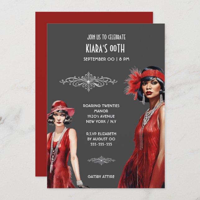 Gatsby Thema Rot graue Flapper Mädchen melanin wei Einladung (Vorne/Hinten)