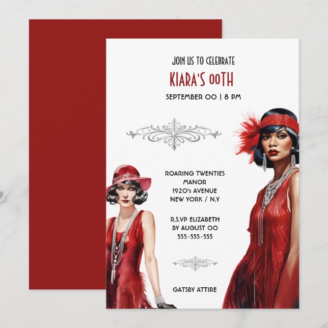 Gatsby Thema rot schwarze Flapper Mädchen melanin  Einladung (Vorne/Hinten)