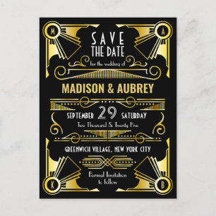 Gatsby Wedding Art Deco Gold Schwarz Ankündigungspostkarte