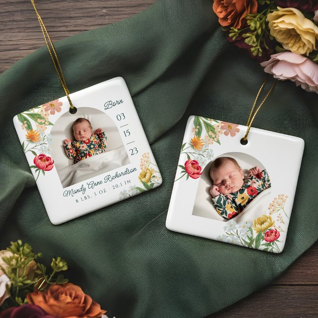 Gauche Floral Wildflower Baby Birth Stat Photo Keramikornament (Gauche Floral Wildflower Baby Birth Stat Photo Ceramic Ornament)