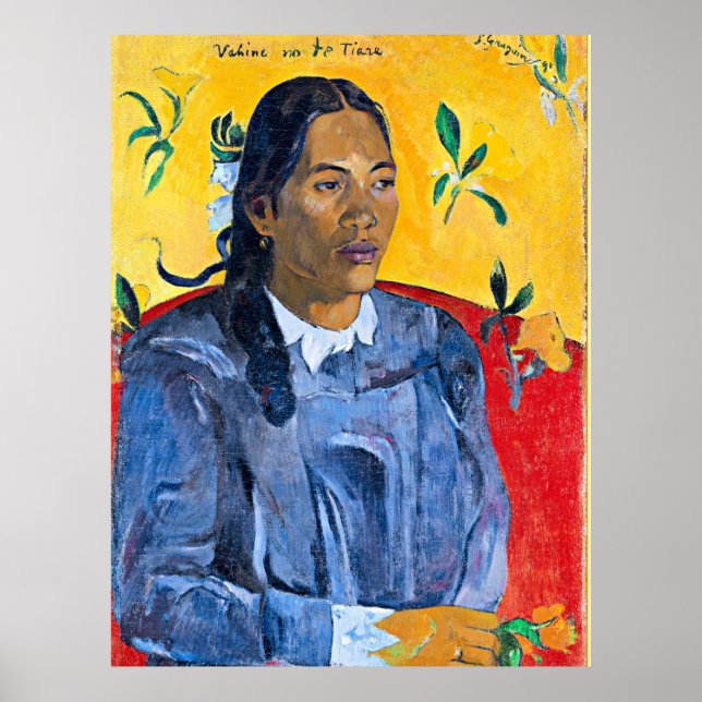 Gauguin - Frau mit Blume, Porträtmalerei Poster (Vorne)