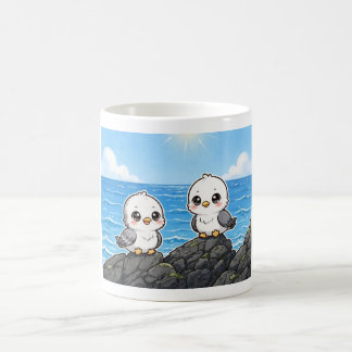Gaviotas kawaii en la Roca frente al mar Kaffeetasse