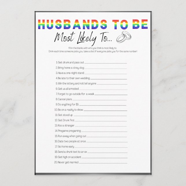 Gay-Bachelor-Party-Spiel, am wahrscheinlichsten Einladung (Vorderseite)