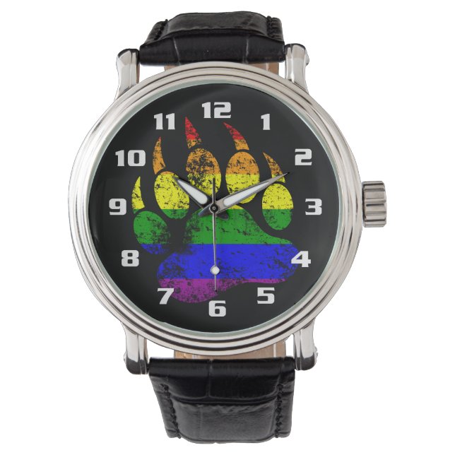 Gay Bear Pride Distressed Rainbow Flag Bären Paw Armbanduhr (Vorderseite)