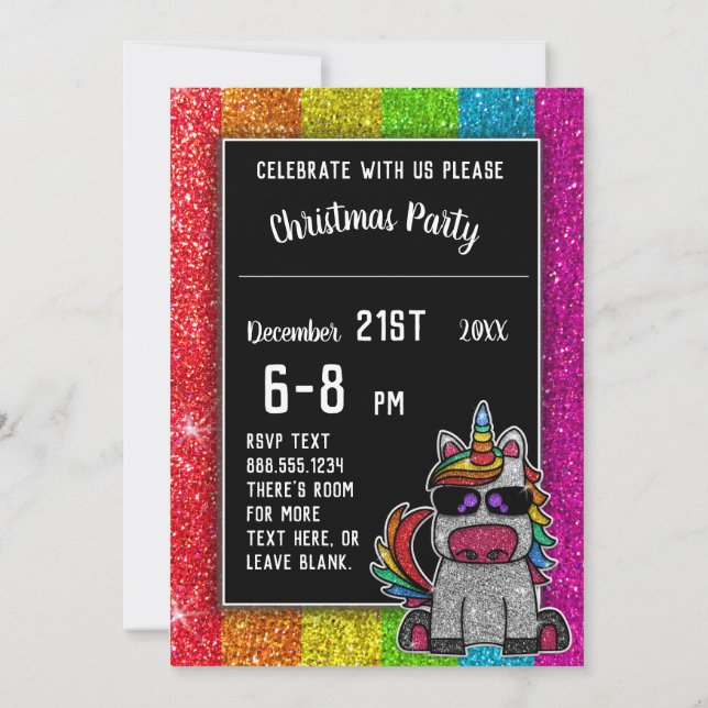 Gay Christmas Party Rainbow Glitzer Unicorn LGBT+ Einladung (Rückseite)