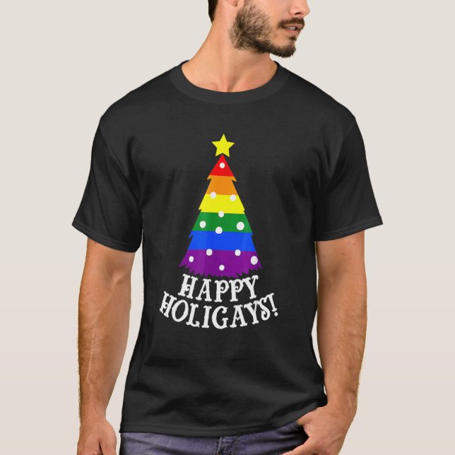Gay Christmas Tree Happy Holigays  Rainbow Pride T-Shirt (Vorderseite)