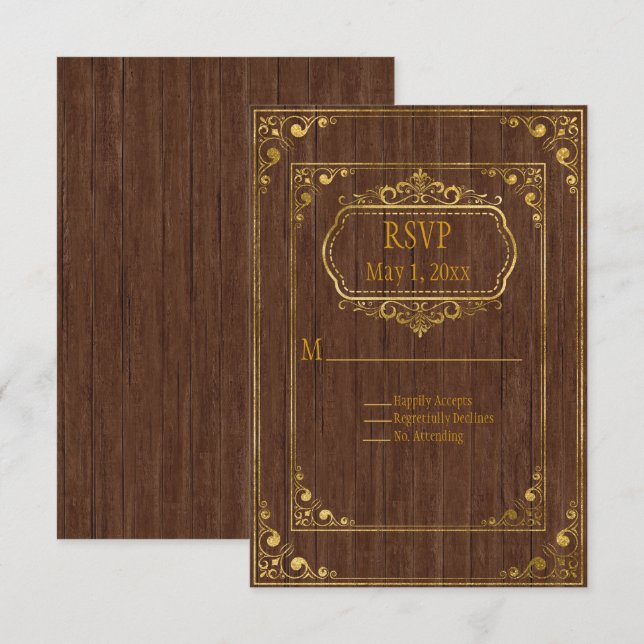Gay Couple Brown Barnwood and Gold Wedding RSVP Karte (Vorne/Hinten)