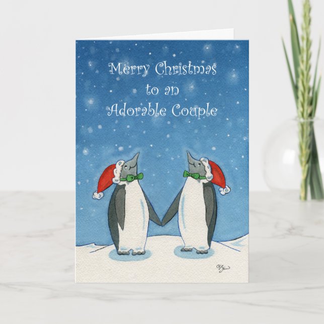 Gay Couple Christmas Niedliche Pinguine Snowflakes Karte (Vorderseite)
