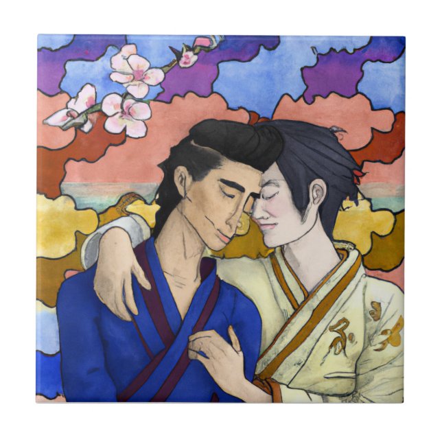 Gay Couple im Stil der japanischen Kunst Ukiyo-e Fliese (Vorderseite)