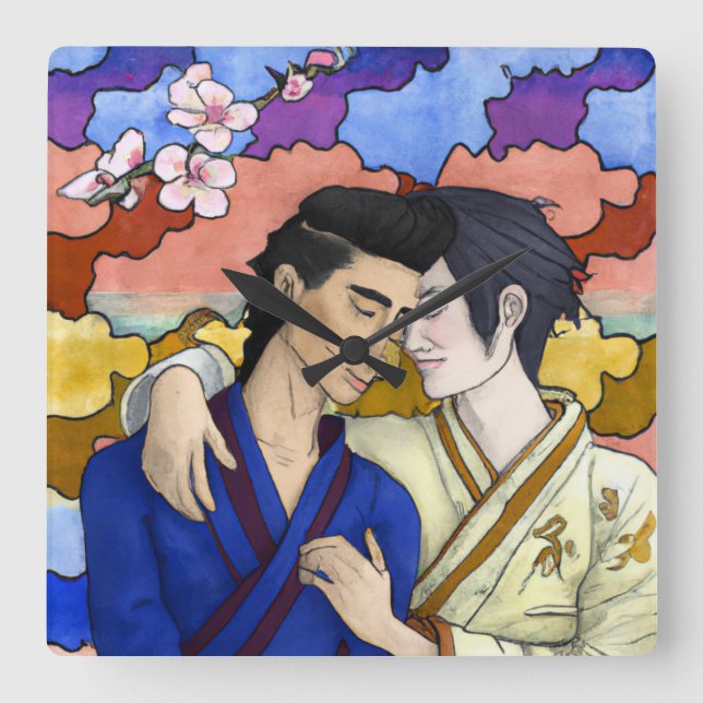 Gay Couple im Stil der japanischen Kunst Ukiyo-e Quadratische Wanduhr (Vorderseite)