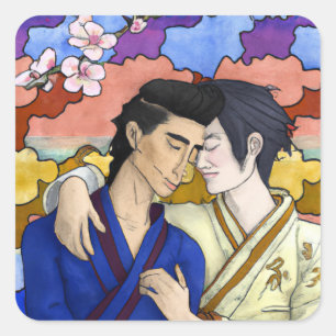 Gay Couple im Stil der japanischen Kunst Ukiyo-e Quadratischer Aufkleber