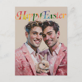 Gay Couple in rosa Anzügen mit Osterkarte Feiertagspostkarte