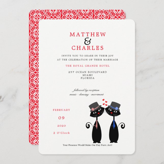 Gay Couple LGBTQ Hochzeit Niedlicher schwarzer Kat Einladung (Vorne/Hinten)