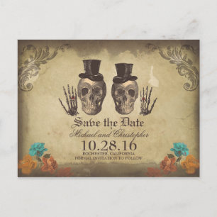 Gay Couple - Skelette - Save the Date gotisch Ankündigungspostkarte