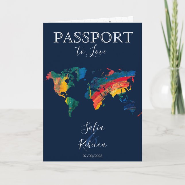 Gay Lesbian Hochzeit in Urlaubsort Rainbow Weltkar Einladung (Vorderseite)