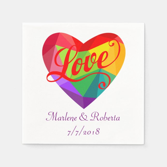 Gay Lesbian Rainbow Heart Wedding Personalisiertes Serviette (Vorderseite)