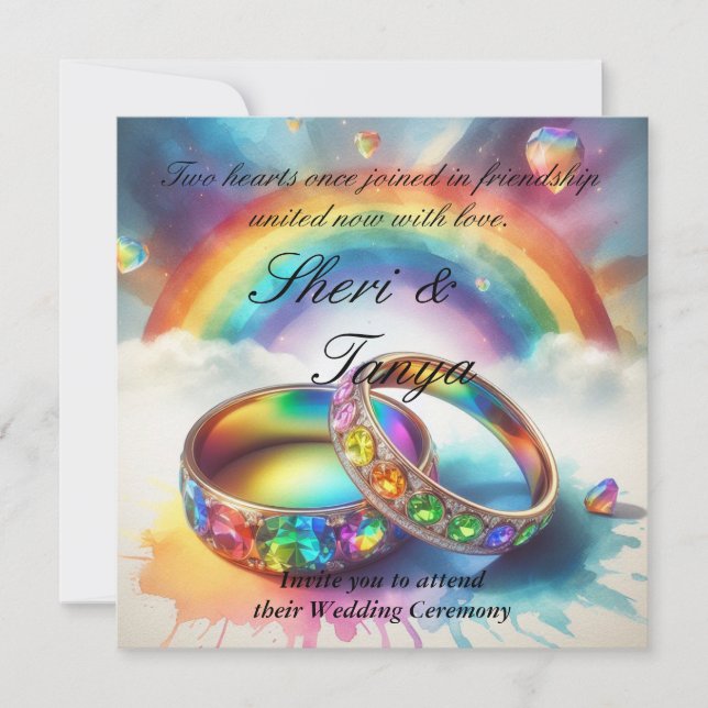 Gay Lesbian Rainbow Rings Wedding Einladung (Vorderseite)