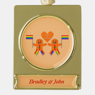 Gay Men Christmas Gingerbrett Couple Custom Banner-Ornament Gold
