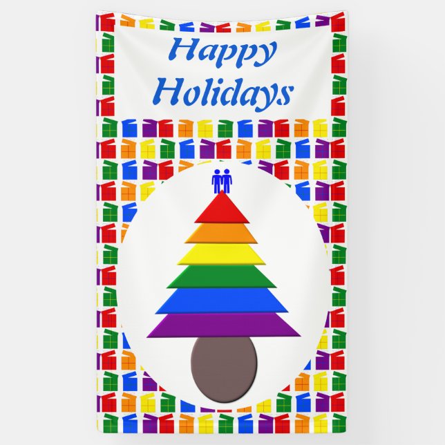 Gay Men Rainbow Christmas Tree und präsentiert Cus Banner (Vertikal)