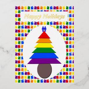 Gay Men Rainbow Christmas Tree und präsentiert Cus Folien Feiertagspostkarte