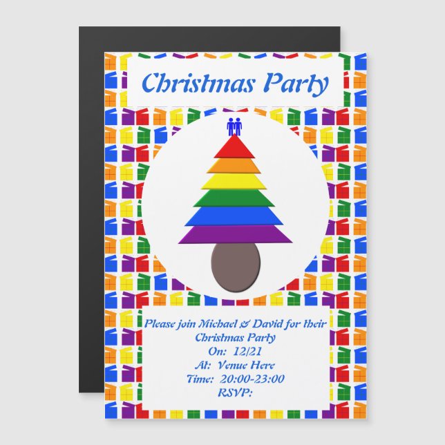 Gay Men Rainbow Christmas Tree und präsentiert Cus Magneteinladung (Vorne/Hinten)