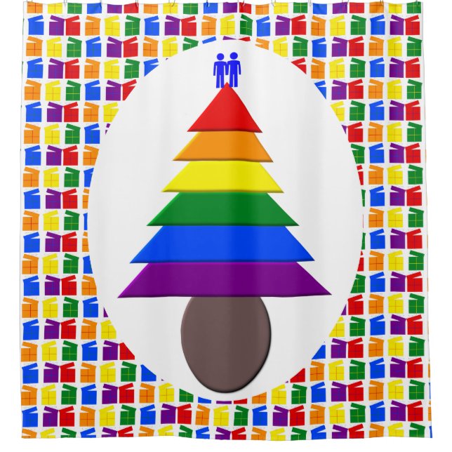 Gay Men Rainbow Christmas Tree und Presents Duschvorhang (Vorderseite)