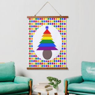 Gay Men Rainbow Christmas Tree und Presents Wandteppich Mit Holzrahmen