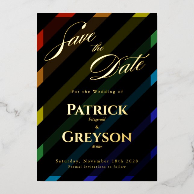 Gay Men Wedding Elegant Rainbow Gold Save-the-Date Folieneinladung (Vorderseite)