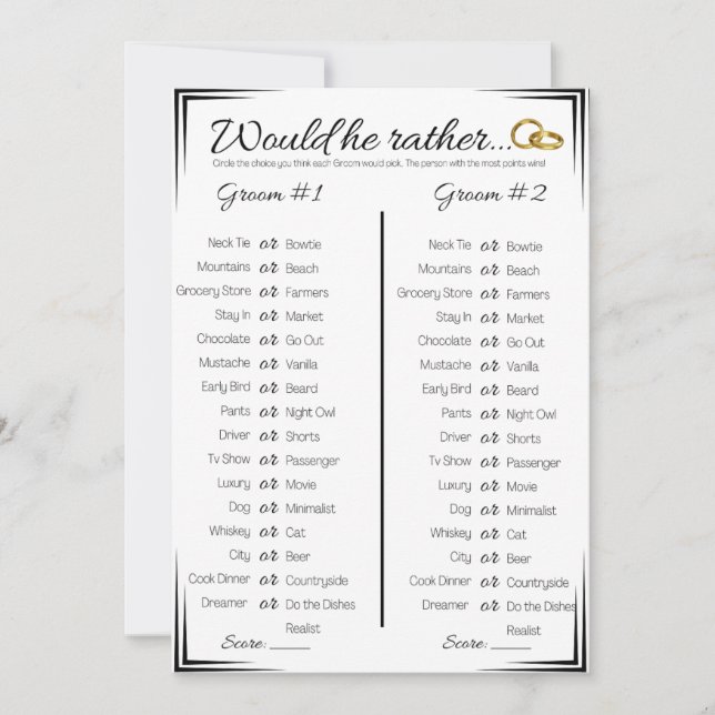 Gay Polterabend Game, würde er lieber Einladung (Vorderseite)