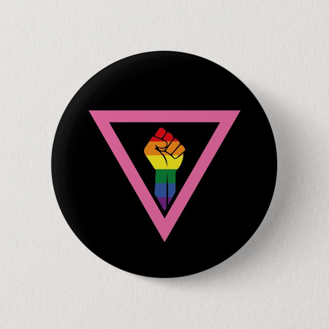 Gay Pride - angehobene Faust im rosa Dreieck Button (Vorderseite)