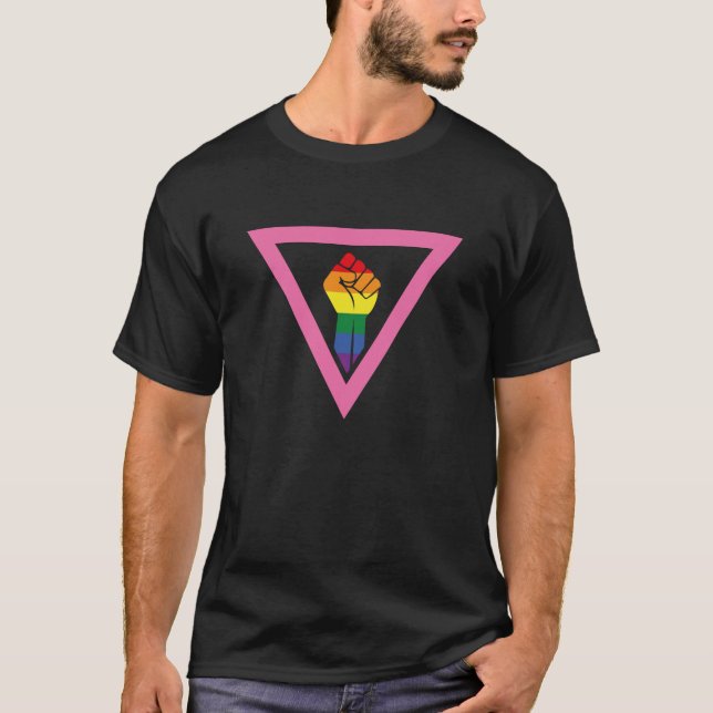 Gay Pride - angehobene Faust im rosa Dreieck T-Shirt (Vorderseite)