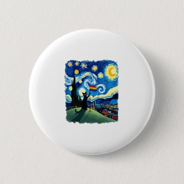 Gay Pride Cat Art Cat Starry Night Style LGBTQ Pri Button (Vorderseite)
