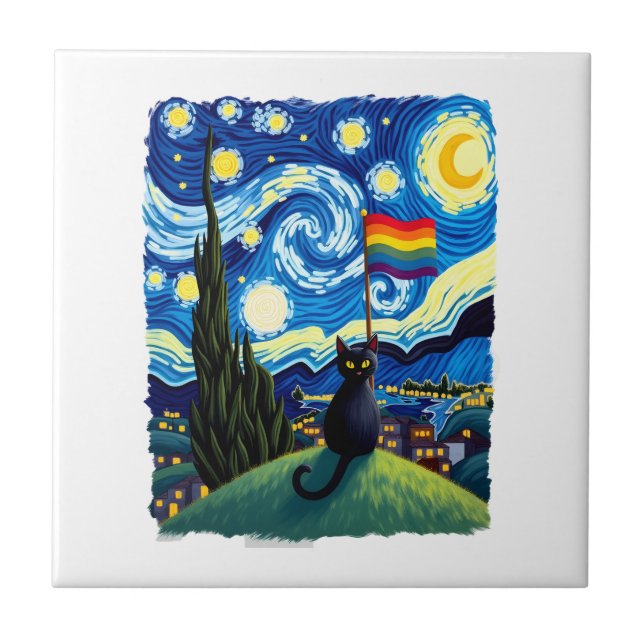 Gay Pride Cat Art Cat Starry Night Style LGBTQ Pri Fliese (Vorderseite)