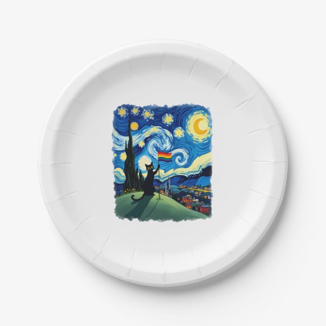 Gay Pride Cat Art Cat Starry Night Style LGBTQ Pri Pappteller (Vorderseite)