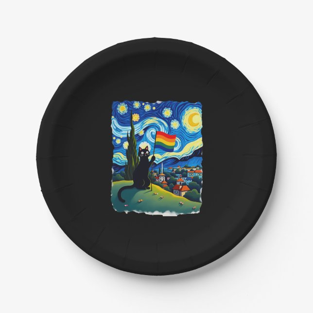 Gay Pride Cat Art Cat Starry Night Style LGBTQ Pri Pappteller (Vorderseite)