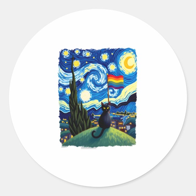 Gay Pride Cat Art Cat Starry Night Style LGBTQ Pri Runder Aufkleber (Vorderseite)