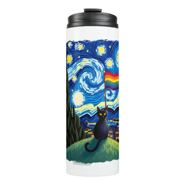 Gay Pride Cat Art Cat Starry Night Style LGBTQ Pri Thermosbecher (Vorderseite)