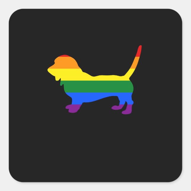 Gay Pride Dog Basset Hound Rainbow Gay Pride Flag Quadratischer Aufkleber (Vorderseite)