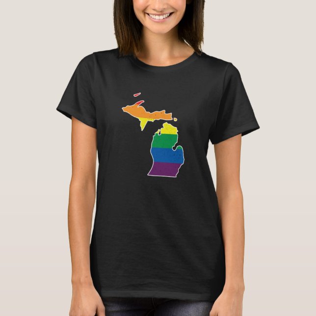 Gay Pride Flag Michigan State Map Rainbow Stripes T-Shirt (Vorderseite)