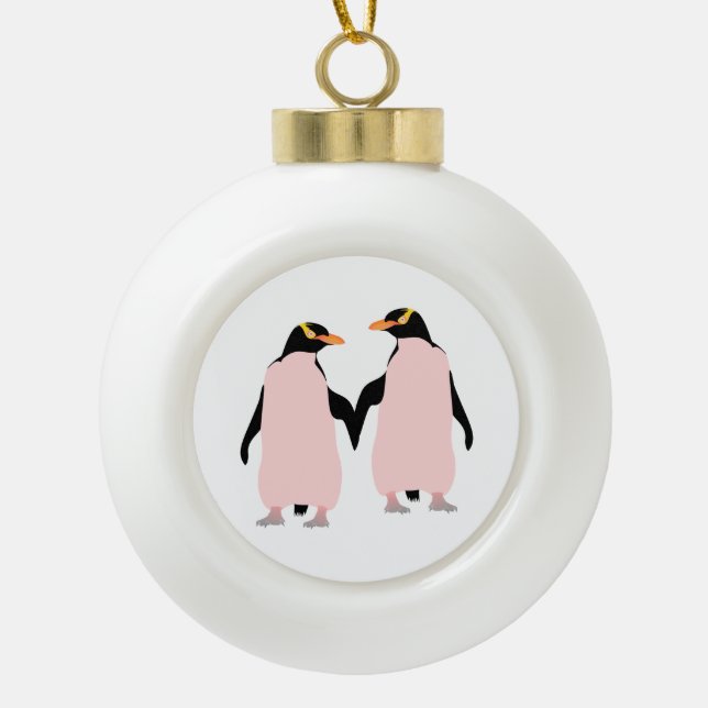 Gay Pride Lesbian Penguins Holding Hands Keramik Kugel-Ornament (Vorderseite)