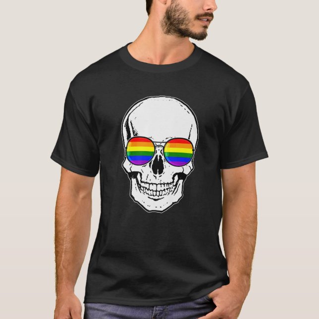 Gay Pride LGBT-Schädel mit Regenbogensonnenbrille T-Shirt (Vorderseite)