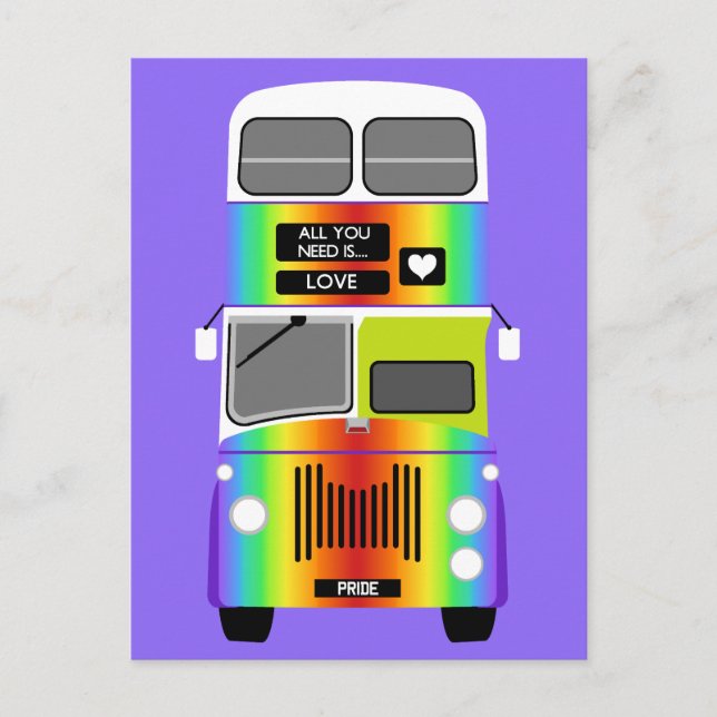 Gay Pride Rainbow Rettro Doppeldecker Bus Postkarte (Vorderseite)