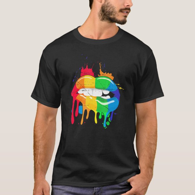 Gay Pride Regenbogen Monat Küssen Lippen Proud L T-Shirt (Vorderseite)