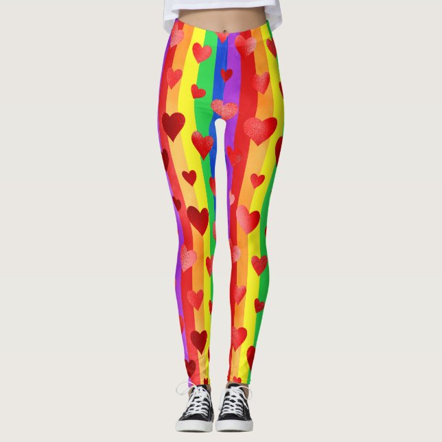 Gay Pride Valentine Hearts & Rainbow Stripes Leggings (Vorderseite)