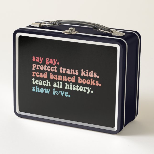 "Gay Protect Trans Kids Read Banned Books LGBTQ" Metall Brotdose (Vorderseite)
