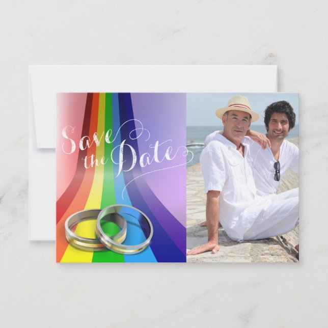 Gay Rainbow and Rings Wedding Save the Date (Vorderseite)