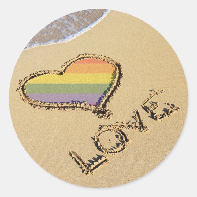 Gay Rainbow Liebe Herz in Sand Runder Aufkleber (Vorderseite)